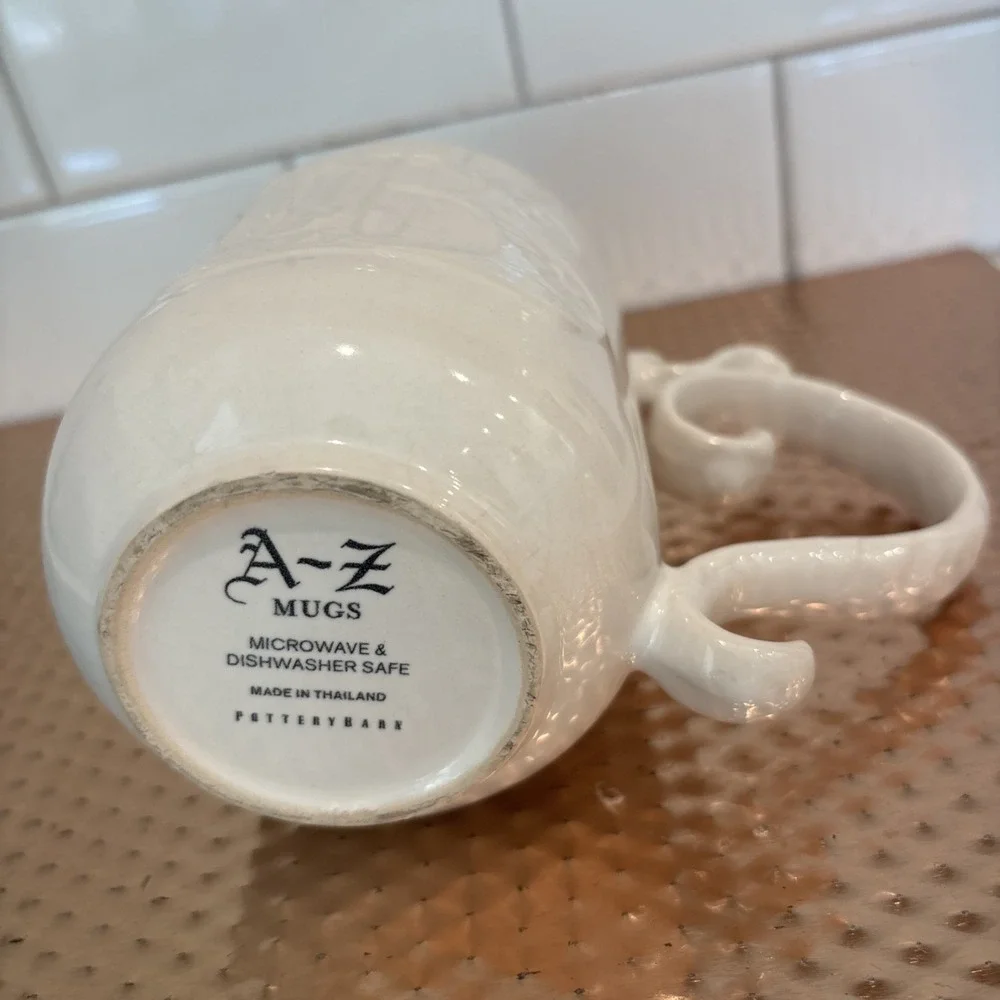 Pottery Barn A-Z Monogram Raised Letter B Coffee Tea Cup Mug Ornate Handle Ivory